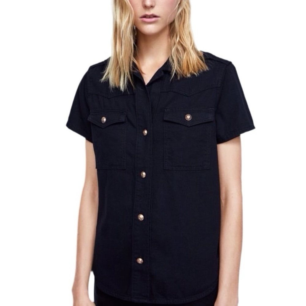 🎀 5/$25 NWT Zara black denim short sleeve shirt sz S